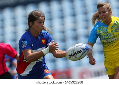 KHARKIV, UKRAINE - JULY 20, 2019: Rugby Europe Women's Sevens Grand Prix Series. Match Between France And Ukraine. Player Passes The Ball