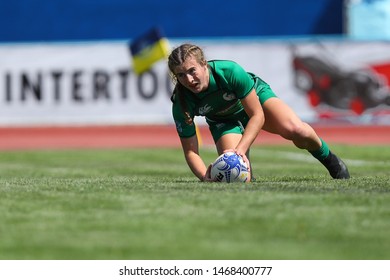 KHARKIV, UKRAINE - JULY 20, 2019: Rugby Europe Women's Sevens Grand Prix Series. Ireland-Wales. Irish Player Makes A Skillful Try