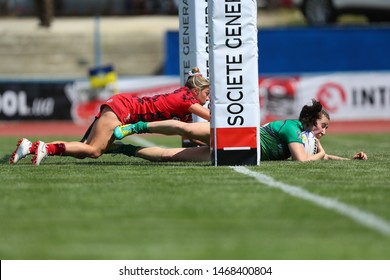 KHARKIV, UKRAINE - JULY 20, 2019: Rugby Europe Women's Sevens Grand Prix Series. Ireland-Wales. Irish player makes spectacular try with a fast beautiful diving move