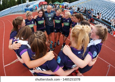 KHARKIV, UKRAINE - JULY 20, 2019: Rugby Europe Women's Sevens Grand Prix Series. Scotland National Rugby Team Group Photo In Energetic Circle