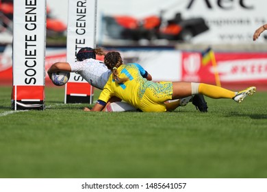 KHARKIV, UKRAINE - JULY 20, 2019: Rugby Europe Women's Sevens Grand Prix Series. Amazing Impressive Spectacular Beautiful Game Moments. Ukraine - England