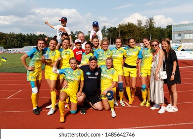 KHARKIV, UKRAINE - JULY 20, 2019: Rugby Europe Women's Sevens Grand Prix Series. Amazing Impressive Spectacular Beautiful Game Moments. Ukrainian National Rugby Team Posing For Team Group Photo