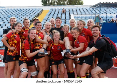 KHARKIV, UKRAINE - JULY 20, 2019: Rugby Europe Women's Sevens Grand Prix Series. Belgium Players Happy Emotions And Smiles. Posing Together For Team Group Photo