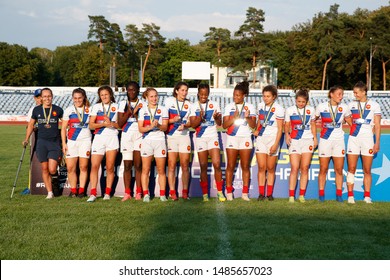 KHARKIV, UKRAINE - JULY 20, 2019: France National Rugby Team Players Winning Rugby Europe Women's Sevens Grand Prix Series Trophy. Posing Together For Team Group Photo After Taking Second Place.