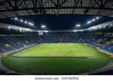 KHARKIV, UKRAINE - MARCH 15, 2021: OSK Metallist stadium before match of PFL Metallist 1925 vs Alyans