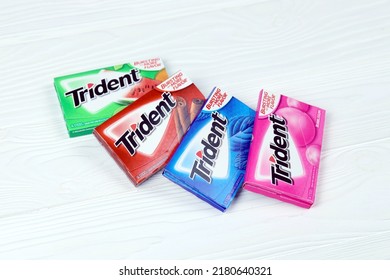 KHARKIV, UKRAINE - MARCH 15, 2021: Packs of Trident chewing gums. Trident was introduced in 1964 as one of the first patented sugarless gums