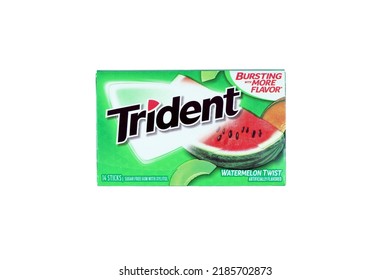 KHARKIV, UKRAINE - MARCH 15, 2021: Pack of Trident chewing gums. Trident was introduced in 1964 as one of the first patented sugarless gums