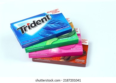 KHARKIV, UKRAINE - MARCH 15, 2021: Packs of Trident chewing gums. Trident was introduced in 1964 as one of the first patented sugarless gums