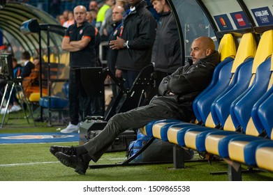 Kharkiv, Ukraine – September 18, 2019: Manager Of Manchester City Pep Guardiola During UEFA Champions League Match Vs Shakhtar At Metalist Stadium