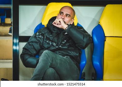 KHARKIV, UKRAINE - September 18, 2019: Pep Guardiola Coach During The UEFA Champions League Match Between Shakhtar Donetsk Vs Manchester City (England), Ukraine