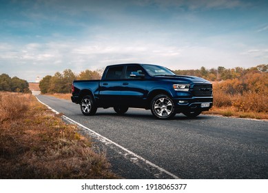Kharkiv, Ukraine - September 2020: Iconic American truck Dodge RAM in the countryside