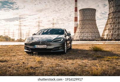 Kharkiv, Ukraine - September 2020: Tesla Model S Near The Power Plant