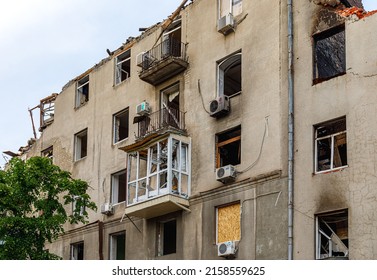 Kharkiv, Ukraine - Spring 2022: Destroyed and burned down apartment in residential building as result of air bombardment by Russian troops. War of Russia against Ukraine. Damage to civilian houses