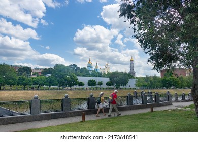 Kharkiv,Ukraine,06.26.2022.Tourism during the war. Historical city center. Lopan River,Holy Protection Monastery and Cathedral of the Assumption of the Blessed Virgin Mary