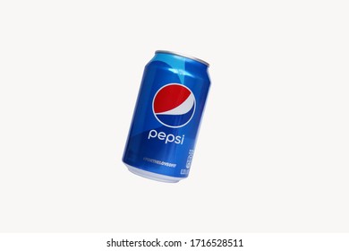 KHARKOV, UKRAINE - APRIL 15, 2020 : Pepsi drink in a can isolated on white background. Pepsi is carbonated soft drink produced by PepsiCo.