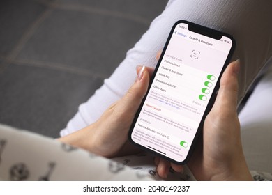 Kharkov, Ukraine - August 25, 2021: Face ID Settings On Apple IPhone Screen Closeup