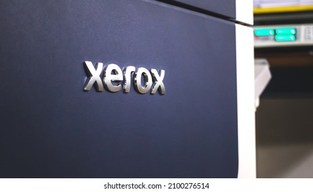 Kharkov, Ukraine - December 24, 2021: Xerox Logo Closeup. Large High Volume Printer In Print House Workshop