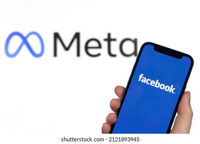 Kharkov, Ukraine - February 2, 2022: Facebook Change Name In Meta. Logo On Mobile Phone Screen. Metaverse Concept Photo