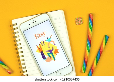 Kharkov, Ukraine - February 5, 2021: Close Up Of Etsy Application On Apple Smartphone, E-commerce Site Of Handmade Products, Logo And Icon, Flat Lay