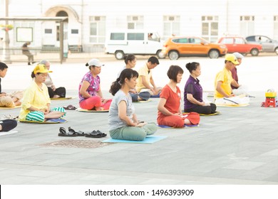 Kharkov, Ukraine. July 02, 2019. Falun Dafa (also Called Falun Gong) Practitioners Perform A Demonstration And Denounce Persecution In China By The Chine.