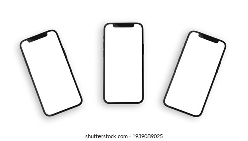 Kharkov, Ukraine - March 12, 2021: Apple iPhone modern smartphone mockups with blank white screens, isolated whhite background, template photo