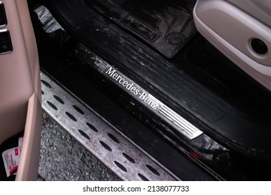 Kharkov, Ukraine - March 14, 2022: Mercedes Benz Logo Inside The Interior Of Luxury Car. Winter And Snow Background