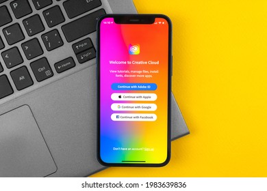 Kharkov, Ukraine - May 28, 2021: Title Screen Of Mobile Adobe Creative Cloud App On Apple IPhone 