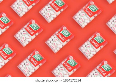 KHARKOV, UKRAINE - OCTOBER 17, 2020: Many Tic Tac Candy packages with Coca-Cola taste. Tic tac is popular due its minty fresh taste and easy to carry. Hard mints produced by Ferrero since 1968