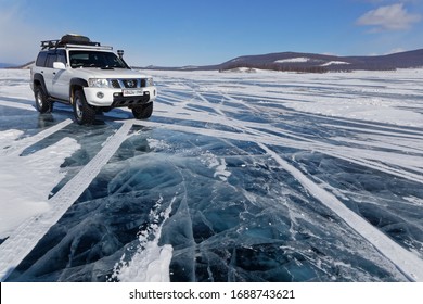 KHATGAL, MONGOLIA, February 26, 2020 : An Winter Adventure Journey By Car In The Moutains And The Forests Of Khovsgol Region, Mongolia.