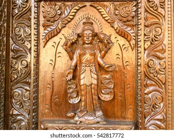 Khatmandu, Nepal-Dec 16, 2016:Ancient woods and stone carving with Hindus symbol in Bhaktapur, Place of devotees. Also known as Bhadgaon or Khwopa, an ancient Newar city in Kathmandu Valley, Nepal
