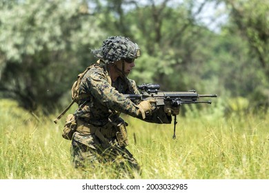 Kherson, Kherson Oblast, Ukraine - July 2 2021: The US Marines At The Training Ground During The Sea Breeze 2021 Multinational Exercise.