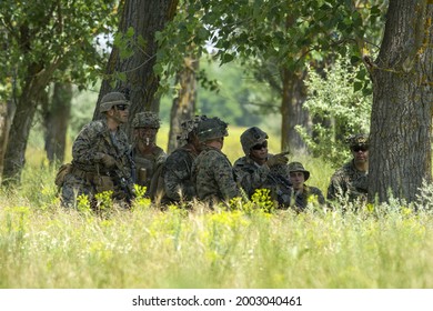 Kherson, Kherson Oblast, Ukraine - July 2 2021: The US Marines At The Training Ground During The Sea Breeze 2021 Multinational Exercise.