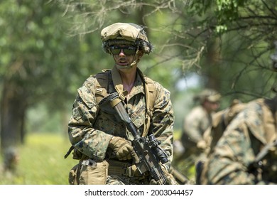 Kherson, Kherson Oblast, Ukraine - July 2 2021: The US Marines At The Training Ground During The Sea Breeze 2021 Multinational Exercise.