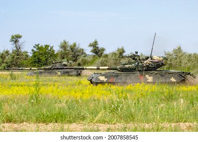 Kherson, Kherson Oblast, Ukraine - July 2 2021: The T-80 Tanks Of The Ukrainian Marine Corps During The Sea Breeze 2021 Multinational Exercise.