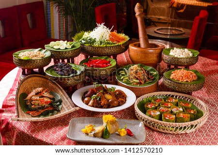 Khmer traditional food decorated on the table.