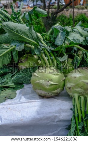 Kholrabi plants on display at a farmers market. Whole large vegetable.