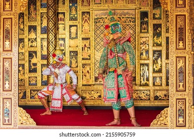 Khon Is A Dance Drama Genre From Thailand. Khon Is Traditional Dance Drama Art Of Thai Classical Masked, Scene Of Performance Is Ramayana Epic.