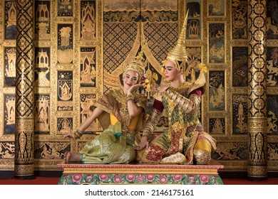 Khon is traditional dance drama art of Thai classical masked with Thai acting in a beautiful pantomime dressed in the character of Phra Ram and Nang Srida dancing in a Thai pantomime performance.