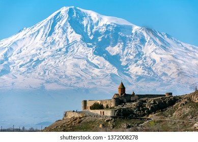 KHOR VIRAP MONASTERY, ARMENIA - FEBRUARY 25, 2019: Khor Virap with Mount Ararat in background. The Khor Virap is an Armenian monastery located in the Ararat plain in Armenia, near the border with Turk