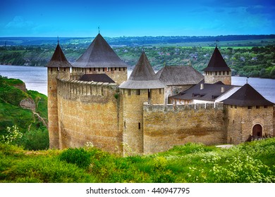 Khotyn castle on Dniester riverside. Dramatic blue sky. Ukraine - Shutterstock ID 440947795