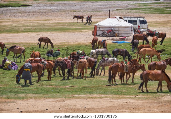 KHOVD, MONGOLIA - JULY 06,\
2017: Mongolian nomad camp. Horses and car near traditional\
mongolian yurt.
