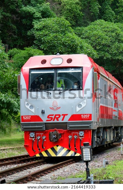 Khun Tan, Thailand - 31 May 2022: New Diesel\
Electric Locomotive or QSY (Qishuyan Locomotive)of the State\
Railway of Thailand is tested in a steep area at Khun Tan railway\
station in northern\
Thailand