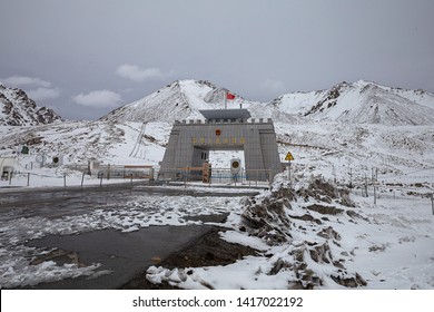 Khunjerab Pass,Gilgit–Baltistan’s,Pakistan-April 14 2019:Main Gate (Chinese language) to Pakistan-Chiana Border is crossing in the world and the highest point on the Karakoram Highway.(winter season)