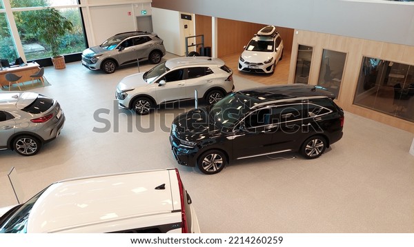 Kia\
dealership interior and exterior sweden no people inside car\
dealership showroom in Orebro Sweden on\
10.10.2022