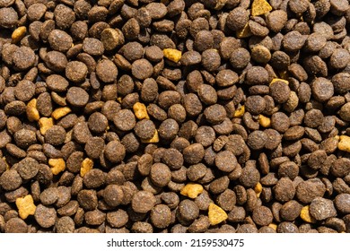 Kibble For Pets, Small Brown Pieces. Food Background, Close Up Image