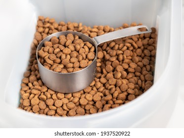 Kibbles With Measuring Cup Inside Larger Food Storage Bucket. 1 Cup Dry Pet Or Dog Food Portioned Out For A Medium To Large Dogs Feeding Time. Isolated On White. Selective Focus.