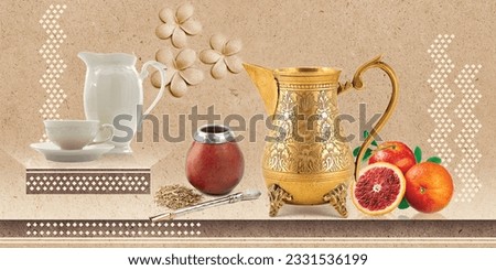 Kichen decorative and multicolour abstract ceramic tiles design,golden crockery , pot,orangefruits,with ivory base, kichen background, wallpaper,and art and graphics,kitchen vector, pattern, poster,