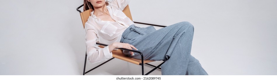 Kick Back And Relax Concept. Young Beautiful Woman Resting, Relaxed Business Lady. Panoramic Banner