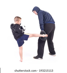 Kickboxing Kids With Instructor. Isolated On A White Background. Studio Shot