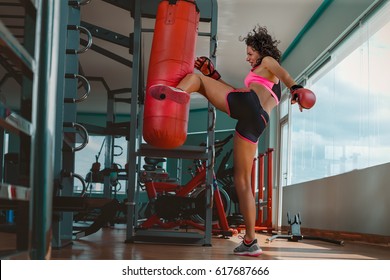 Kickboxing Young Woman Punching Kicking The Bag
